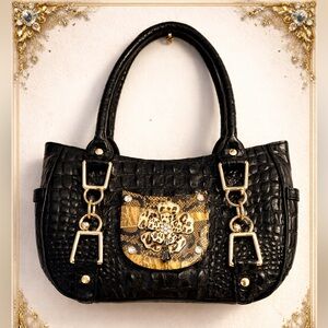 Debbie Brooks Black Croc-Embossed Leather Handbag with Gold Accents